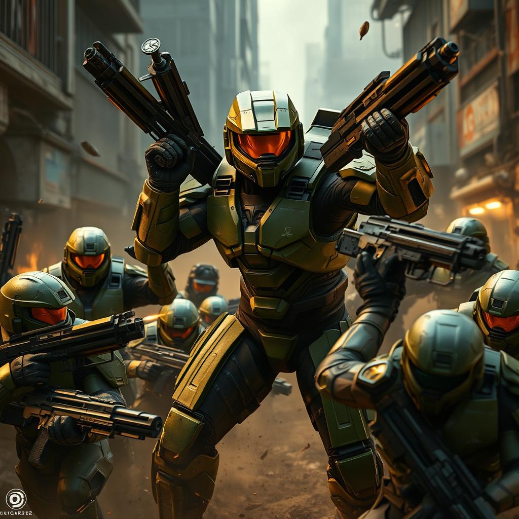 Master Chief in a fierce battle, dominating multiple Spartans in a dramatic battlefield setting