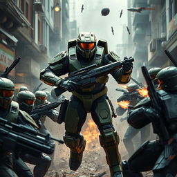Master Chief in a fierce battle, dominating multiple Spartans in a dramatic battlefield setting