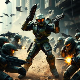 Master Chief in a fierce battle, dominating multiple Spartans in a dramatic battlefield setting