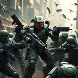Master Chief in a fierce battle, dominating multiple Spartans in a dramatic battlefield setting