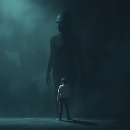 A surreal and haunting scene depicting a person standing in a dimly lit space, facing a distorted shadow version of themselves that embodies past traumas and repressed memories