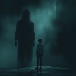 A surreal and haunting scene depicting a person standing in a dimly lit space, facing a distorted shadow version of themselves that embodies past traumas and repressed memories