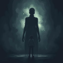 A surreal and haunting scene depicting a person standing in a dimly lit space, facing a distorted shadow version of themselves that embodies past traumas and repressed memories