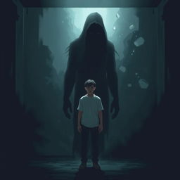 A surreal and haunting scene depicting a person standing in a dimly lit space, facing a distorted shadow version of themselves that embodies past traumas and repressed memories