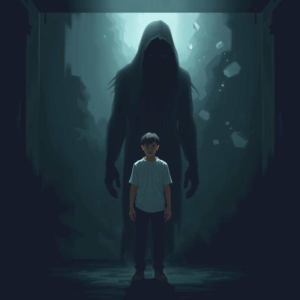 A surreal and haunting scene depicting a person standing in a dimly lit space, facing a distorted shadow version of themselves that embodies past traumas and repressed memories