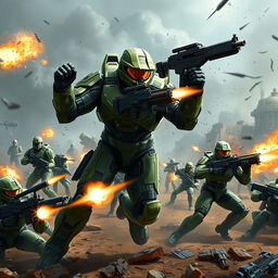 Master Chief in a fierce and dramatic battle, overpowering multiple Spartans on a dystopian battlefield