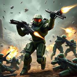 Master Chief in a fierce and dramatic battle, overpowering multiple Spartans on a dystopian battlefield