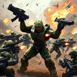 Master Chief in a fierce and dramatic battle, overpowering multiple Spartans on a dystopian battlefield