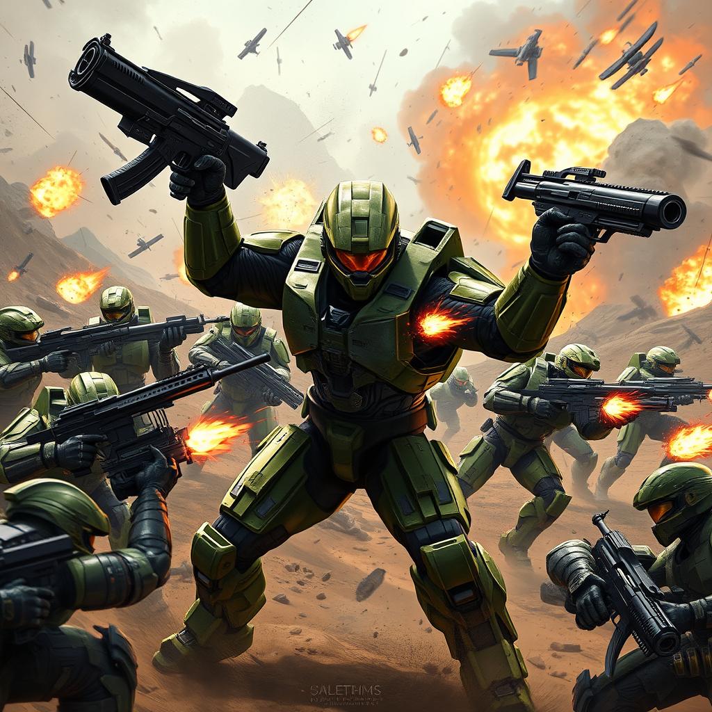 Master Chief in a fierce and dramatic battle, overpowering multiple Spartans on a dystopian battlefield