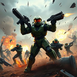 Master Chief in a fierce and dramatic battle, overpowering multiple Spartans on a dystopian battlefield
