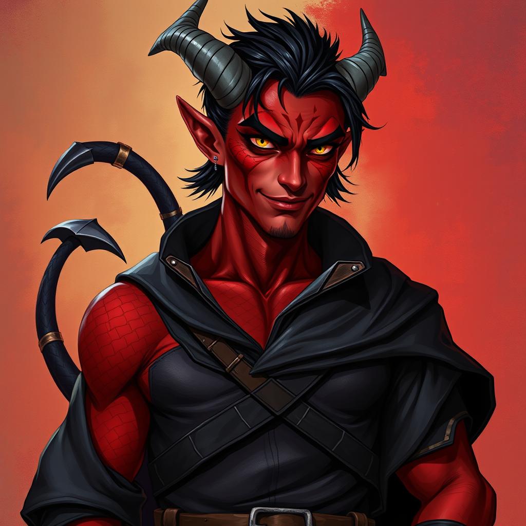 A male adult tiefling warlock character depicted in a relaxed, cocky stance with a confident smirk