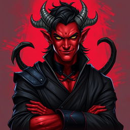 A male adult tiefling warlock character depicted in a relaxed, cocky stance with a confident smirk