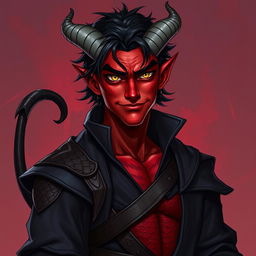 A male adult tiefling warlock character depicted in a relaxed, cocky stance with a confident smirk