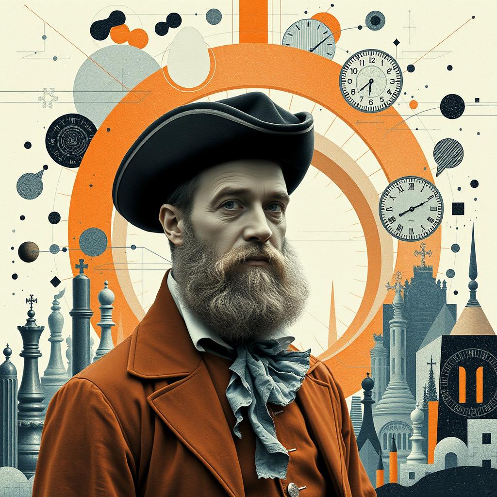 A man with a short beard dressed in 1800s attire, including a vintage hat, standing in front of a futuristic dystopian city