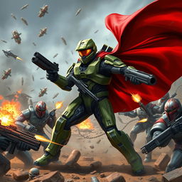 Master Chief depicted wearing a striking red cape over his iconic green armor, engaged in a fierce battle against multiple Spartans