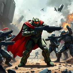 Master Chief depicted wearing a striking red cape over his iconic green armor, engaged in a fierce battle against multiple Spartans
