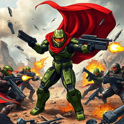 Master Chief depicted wearing a striking red cape over his iconic green armor, engaged in a fierce battle against multiple Spartans