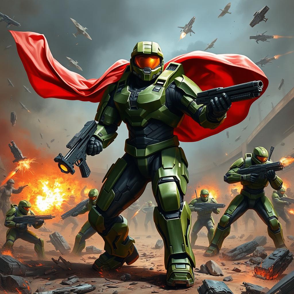 Master Chief depicted wearing a striking red cape over his iconic green armor, engaged in a fierce battle against multiple Spartans