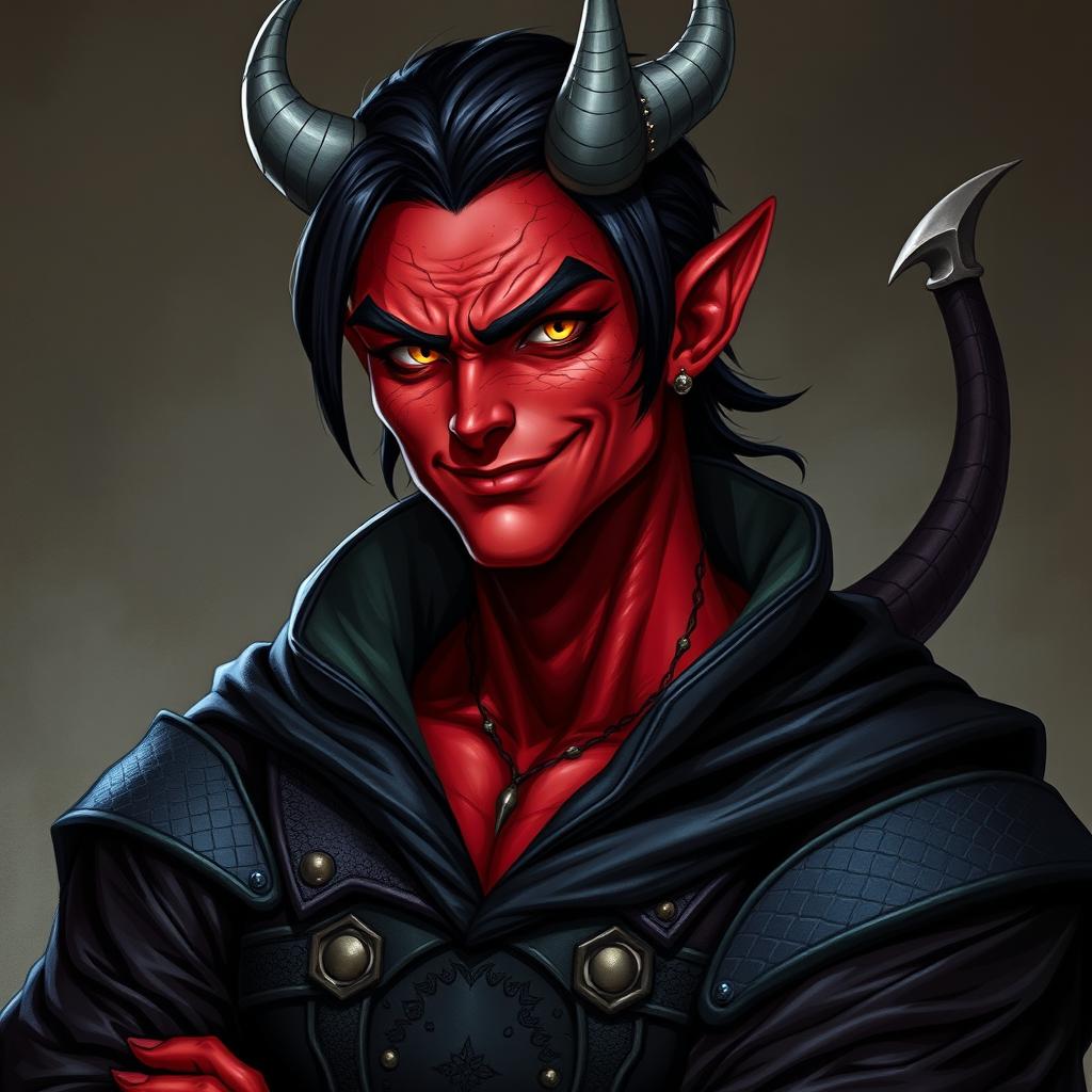 A striking male adult tiefling warlock character shown in a relaxed, cocky stance, showcasing an irresistible smirk