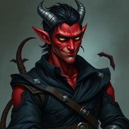 A striking male adult tiefling warlock character shown in a relaxed, cocky stance, showcasing an irresistible smirk