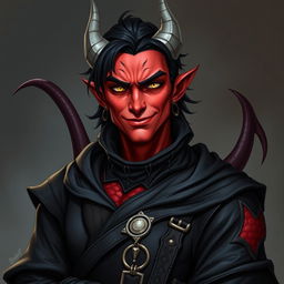 A striking male adult tiefling warlock character shown in a relaxed, cocky stance, showcasing an irresistible smirk