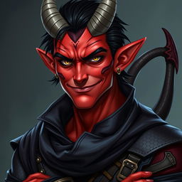 A striking male adult tiefling warlock character shown in a relaxed, cocky stance, showcasing an irresistible smirk