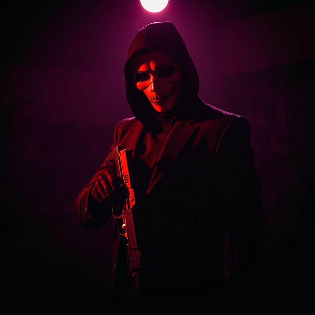 A mysterious masked man holding a gun, standing in a dark scene illuminated by eerie red light
