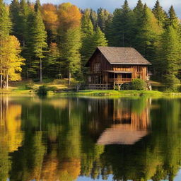 A charming rustic house gracefully reflected on a placid, glassy lake.