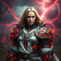 A middle-aged woman warrior, clad in intricately designed armor with draconic features, radiating a fierce presence