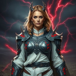 A middle-aged woman warrior, clad in intricately designed armor with draconic features, radiating a fierce presence