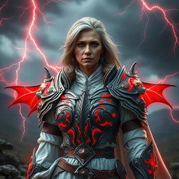 A middle-aged woman warrior, clad in intricately designed armor with draconic features, radiating a fierce presence