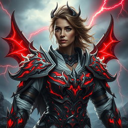 A middle-aged woman warrior, clad in intricately designed armor with draconic features, radiating a fierce presence