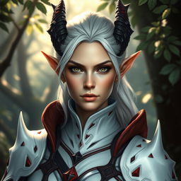 A middle-aged female elf with draconic features, showcasing her elegant yet fierce appearance
