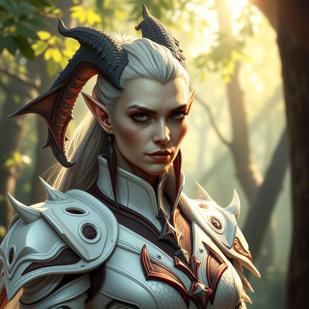 A middle-aged female elf with draconic features, showcasing her elegant yet fierce appearance