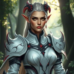 A middle-aged female elf with draconic features, showcasing her elegant yet fierce appearance