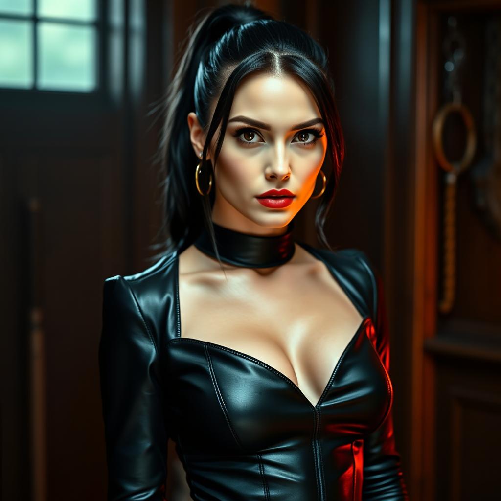 A BDSM mistress exuding confidence and authority, dressed in elegant yet provocative black leather attire