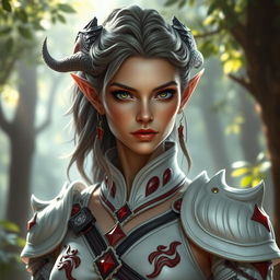 A middle-aged female elf with draconic features, showcasing her elegant yet fierce appearance