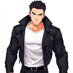 A central male character with a confident expression, standing in a powerful pose