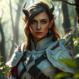 A middle-aged female elf with distinctive draconic features, exuding an aura of strength and elegance