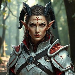 A middle-aged female elf with distinctive draconic features, exuding an aura of strength and elegance