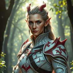 A middle-aged female elf with distinctive draconic features, exuding an aura of strength and elegance