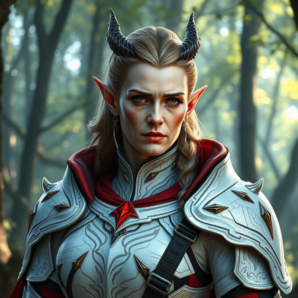 A middle-aged female elf with distinctive draconic features, exuding an aura of strength and elegance