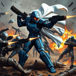 Master Chief depicted in striking blue armor, wearing a flowing white cape, engaged in a fierce battle against multiple Spartans