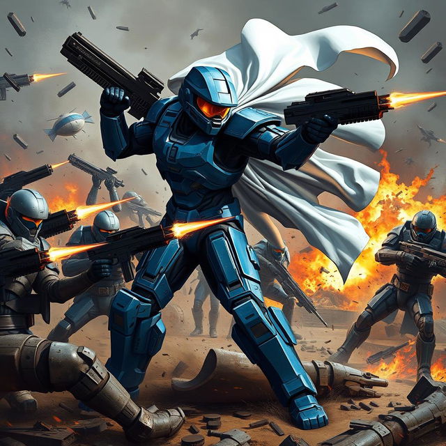 Master Chief depicted in striking blue armor, wearing a flowing white cape, engaged in a fierce battle against multiple Spartans