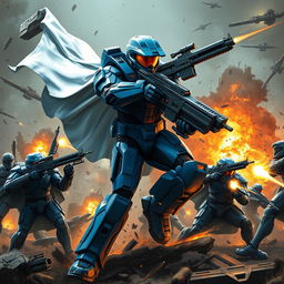 Master Chief depicted in striking blue armor, wearing a flowing white cape, engaged in a fierce battle against multiple Spartans