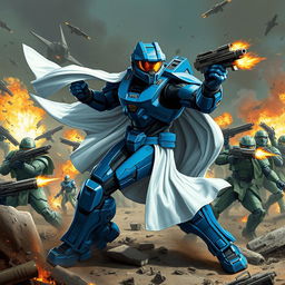 Master Chief depicted in striking blue armor, wearing a flowing white cape, engaged in a fierce battle against multiple Spartans