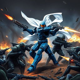 Master Chief depicted in striking blue armor, wearing a flowing white cape, engaged in a fierce battle against multiple Spartans