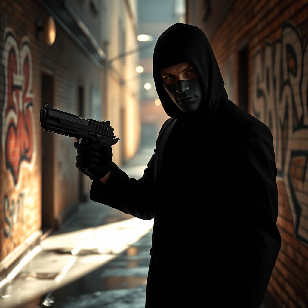 A mysterious masked man dressed in black, holding a sleek handgun, standing in a dimly lit urban alleyway