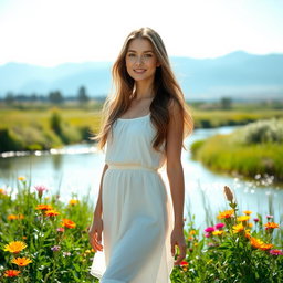A beautiful woman standing gracefully by a serene river, surrounded by lush greenery and vibrant wildflowers