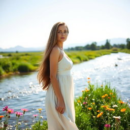 A beautiful woman standing gracefully by a serene river, surrounded by lush greenery and vibrant wildflowers